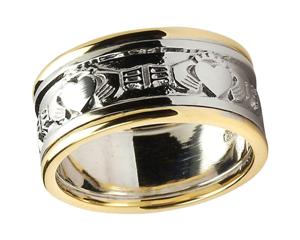 Mens 14k Gold Claddagh Wedding Band with White Gold Centre and Yellow Gold Trim WBWED10