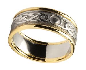 Mens 14k Gold Celtic Knot Wedding Band with White Gold Centre and Yellow Gold Trim WBWED58