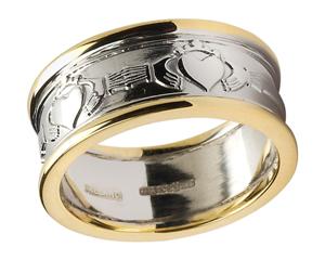 Ladies 14k Gold Claddagh Wedding Band with White Gold Centre and Yellow Gold Trim WBWED9